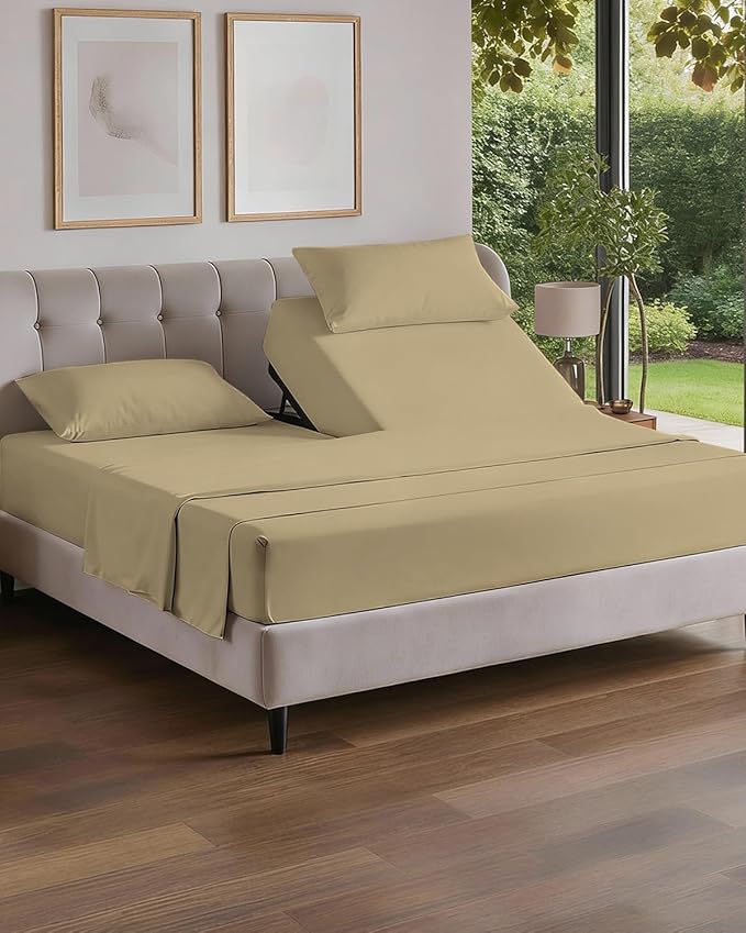 Flex Top Split Head King 4 Piece Sheet Set - Comfy Breathable & Cooling Bed Sheets Set - Hotel Luxury Bedding for Women, Men, Kids, Teens, Boys & Girls - Deep Pockets, Ultra-Soft - Oeko-Tex - Beige