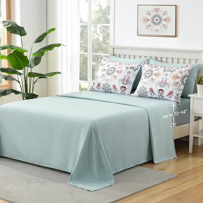 Boho Comforter Set King - 7 Pieces Bed in a Bag Floral Design, Bohemian Comforter Set with Sheets, Soft Microfiber Complete Bedding Sets All Season (Light Green, King)