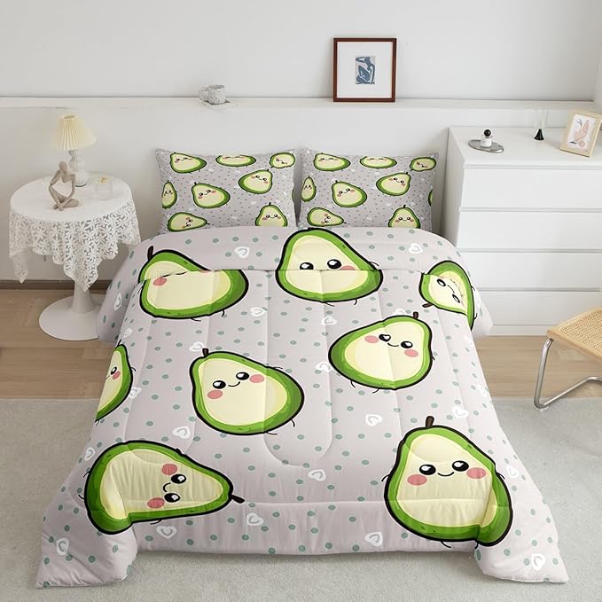 Erosebridal Avocado Comforter Set for Kids Boys Girls Green Yellow Avocado Bedding Set Twin Size Cartoon Avocado Decor Soft Warm Fruits Food Duvet Set Kawaii Cute Down Comforter Ultra Lightweight