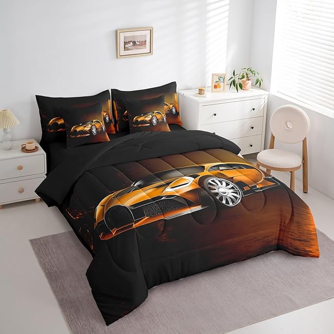 Feelyou Race Car 7 Piece Bedding Set Toddler Full, Orange Racecar Bed in a Bag for Kids Boys Girls Comforter Set with Sheets Cool Speed Sports Car Bedroom Decor 7 with 2 Pillowcases