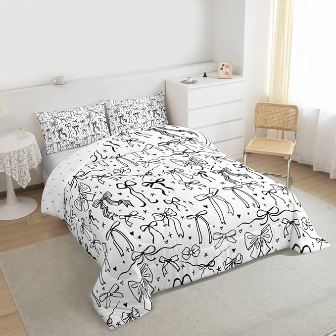 Castle Fairy Black Bowknot Bedding Sets Twin Size,Bow Tie Knot Pattern Comforter Set 2Pcs for Kids Girls Women Room Decor,Sweet Princess Style Quilted Duvet Girly Modern Down Comforter,1 Pillowcase