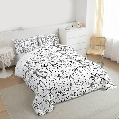 Castle Fairy Black Bowknot Comforter Set Queen Size,Bow Tie Knot Pattern Bedding Sets 3Pcs for Kids Girls Women Room Decor,Sweet Princess Style Quilted Duvet Girly Modern Down Comforter,2 Pillowcases