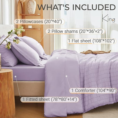 MUXHOMO 7 Pieces King Comforter Set, Seersucker Bed in a Bag King Size, All Season Luxury Bedding Set with Comforter, Flat Sheet, Fitted Sheet, Pillowcases & Shams, Lavender