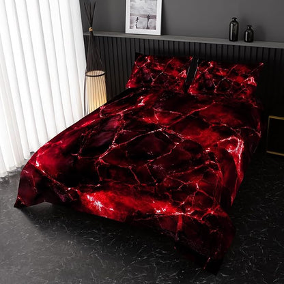 Red Comforter Set Twin Size，Red Marble Bedding Set 3 Pcs Bedding for Adults, Marble Room Decor with Comforter and 2 Pillowcases Soft and Lightweight B-Side Black