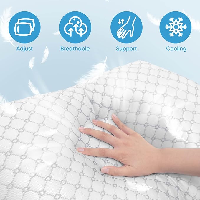 Shredded Memory Foam Pillows, Cooling Bed Pillows Queen Size Set of 2 for Sleeping, Adjustable Firm Pillows for Side Back and Stomach Sleepers, Washable Removable Cover
