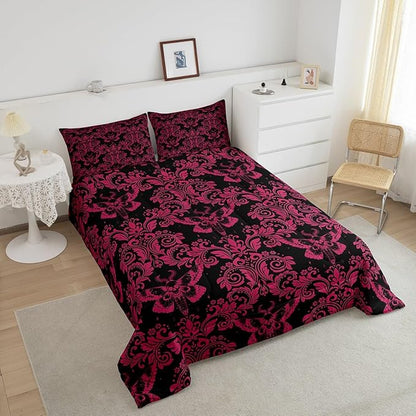 Feelyou Adults Pink Vintage Damask Floral Comforter Set Oriental Antique Comforter Queen Size Gothic Bohemia Boho Flower Bedding Set Gothic Skull Duvet Set Quilt Set 3Pcs