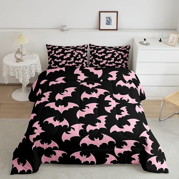 Erosebridal Pink Bat King Bedding Set Halloween Bat Comforter Set Spooky Goth Gothic Animal Bed Collections Horror Halloween Duvet Quilt Sets for Kids Teens Adults