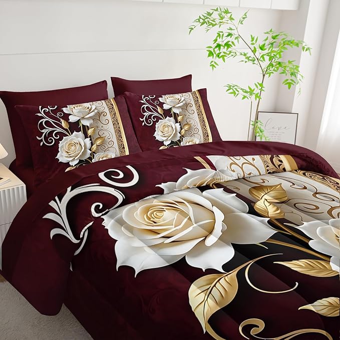 Red and White Floral Comforter Set Queen Size 7 Piece，Rose Queen Bedding Set，(1 Comforter, 1 Flat Sheet, 1 Fitted Sheet, 2 Pillowcase and 2 Pillow Sham)，White Rose Bedroom Decor