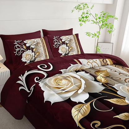 Red and White Floral Comforter Set Queen Size 7 Piece，Rose Queen Bedding Set，(1 Comforter, 1 Flat Sheet, 1 Fitted Sheet, 2 Pillowcase and 2 Pillow Sham)，White Rose Bedroom Decor