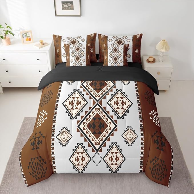 Erosebridal Farmhouse Aztec Bedding Set Queen 7-Piece Rustic Vintage Southwestern Comforter Set Western Ethnic Geometric Diamond Bed in A Bag Boho Country Tribal Art Quilt with Flat Fitted Sheet