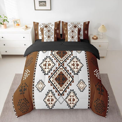 Erosebridal Farmhouse Aztec Bedding Set King 7-Piece Rustic Vintage Southwestern Comforter Set Western Ethnic Geometric Diamond Bed in A Bag Boho Country Tribal Art Quilt with Flat Fitted Sheet