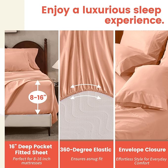 100% Linen Sheets Queen Size,Breathable & Durable 4-Piece Bed Flax Sheet Set,Soft All-Season Bedding for Hot Sleepers 16" Deep Pocket Oeko-TEX Certified,（Queen, Light Red）