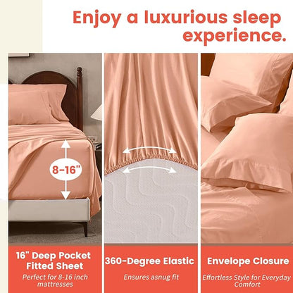 100% Linen Sheets Queen Size,Breathable & Durable 4-Piece Bed Flax Sheet Set,Soft All-Season Bedding for Hot Sleepers 16" Deep Pocket Oeko-TEX Certified,（Queen, Light Red）