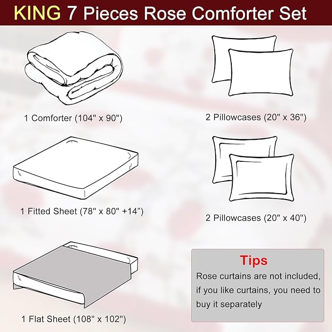 EVENHUG King Comforter Set 7 Pieces Lightweight Soft King Size Comforters for All Season Red Rose Floral Bedding Sets Bed in a Bag with Flat Sheet and Fitted Sheet Pillowcases (104"x90")