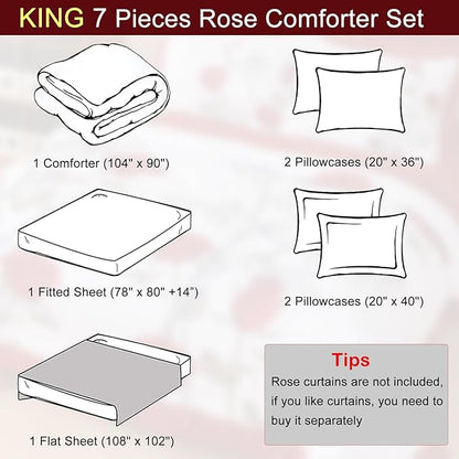 EVENHUG King Comforter Set 7 Pieces Lightweight Soft King Size Comforters for All Season Red Rose Floral Bedding Sets Bed in a Bag with Flat Sheet and Fitted Sheet Pillowcases (104"x90")