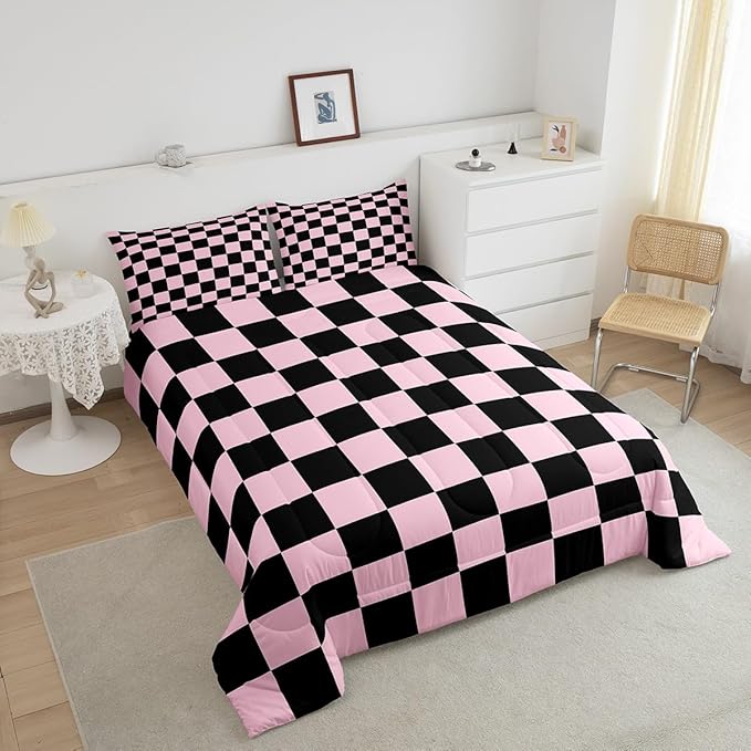 Feelyou Checkered Bedding Set Teen Women Men Pink Black Plaid Comforter Set Toddler Size Kids Boys Girls Cute Retro Neutral Checkerboard Geometric Duvet Insert Vintage Aesthetic Room Decor