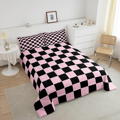 Feelyou Checkered Bedding Set Teen Women Men Pink Black Plaid Comforter Set Twin Size Kids Boys Girls Cute Retro Neutral Checkerboard Geometric Duvet Insert Vintage Aesthetic Room Decor