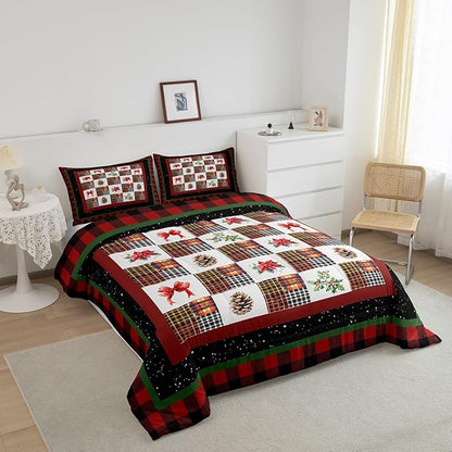 Merry Christmas Comforter Set Full Size,Red Black Checkered Patchwork Bedding Set for Kids Teens Women Men Room Decor,Christmas Tree Pinecone Bowknots Quilt Set Retro Plaid Duvet Insert 3Pcs