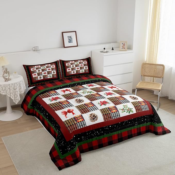 Merry Christmas Bedding Set Queen Size,Red Black Checkered Patchwork Comforter Set for Kids Teens Women Men Room Decor,Christmas Tree Pinecone Bowknots Quilt Set Retro Plaid Duvet Insert 3Pcs