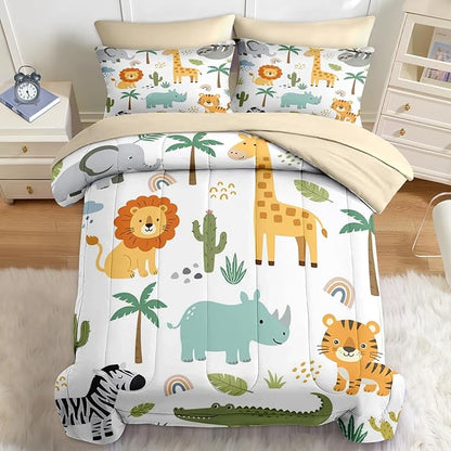 Nesker 5 Pcs Comforter Set Twin Size, Cute Wild Animals Colorful Bedding Set for Kids and Adults, Lion Elephant Giraffe Cartoon Bed Sheet Sets with Fitted Sheet Pillowcases & Shams
