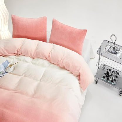 CLOTHKNOW Pink White Velvet Queen Comforter Set Fluffy Bedding Comforter Sets Warm Soft Gradient Pink White Comforter with 2 x Pillow Cases | Soft