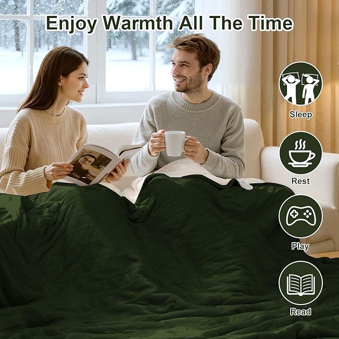 Heating Blanket Queen Size Washable - 84 x 90 Inch Double Zone Electric Blanket with 10 Hours Auto Off, 5 Heat Settings, Soft Flannel Sherpa Heated Blanket for Bed, ETL Certified, Green