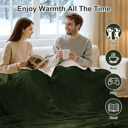 Heating Blanket Queen Size Washable - 84 x 90 Inch Double Zone Electric Blanket with 10 Hours Auto Off, 5 Heat Settings, Soft Flannel Sherpa Heated Blanket for Bed, ETL Certified, Green