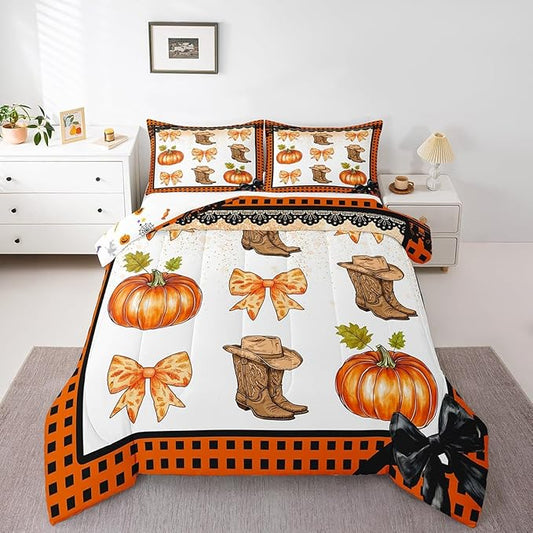 Erosebridal Western Cowgirl Comforter Set King,Cowboy Boots Hat Bedding Set Orange Plaid Bowknots Bedding Comforter Sets for Kids Boys Girls Bedroom Decor,Pumpkin Fall Harvest Quilt Duvet 3 Pcs