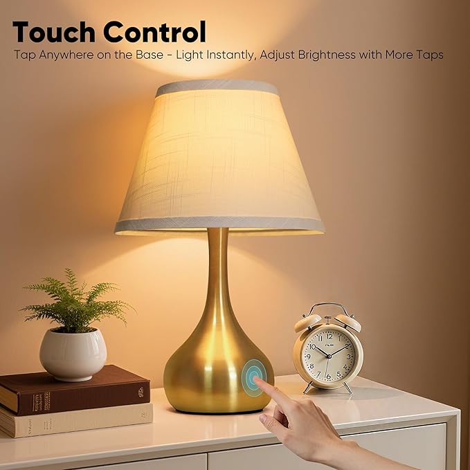 17” Touch Table Lamp for Bedroom Set of 2, 3-Way Dimmable Bedside Lamp for Nightstand, Modern Metal Desk Lamp with Linen Shade for Living Room, Kids Reading, Dorm, Home Office Decor, Bulb Included