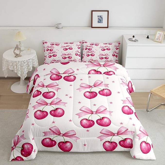 Feelyou Pink Girls Bow Bedding Set Boys Girls King Size Bow Comforter Set for Kids Women Men Ultra Soft Kawaii Cherry Prints Comforter Cute Bowknot Duvet Set Room Decor Lovely Quilt Set