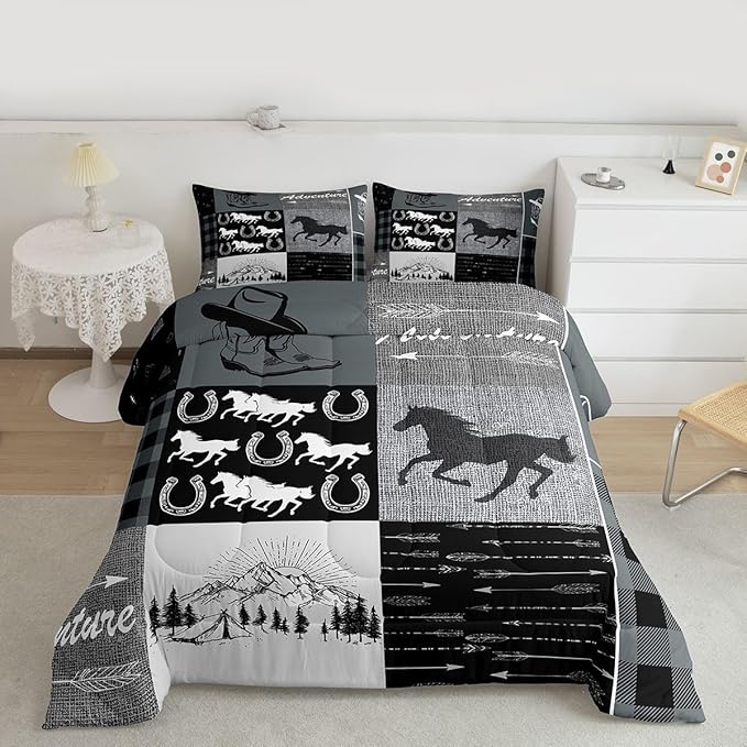 Erosebridal Southwestern Comforter Set Twin Size, Kids Boys Western Horse Bedding Set Retro Horseshoe Riding Boots Duvet Insert Rustic Arrow Adventure Themed Down Comforter Cabin Lodge Decor, Grey