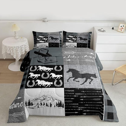 Erosebridal Southwestern Comforter Set Full Size, Kids Boys Western Horse Bedding Set Retro Horseshoe Riding Boots Duvet Insert Rustic Arrow Adventure Themed Down Comforter Cabin Lodge Decor, Grey