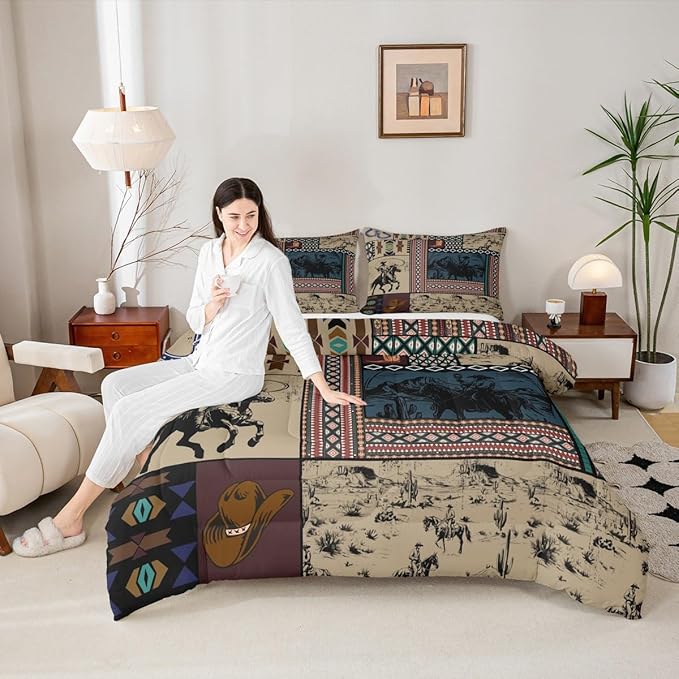 Feelyou Kids Brown Western Aztec Comforter Set King Size Horse Bedding Set for Boys Girls Teens Bedroom Decor Wild Cowboy Boho Southwestern Rustic Farmhouse Tribal Duvet Quilt Breathable Soft 3Pcs
