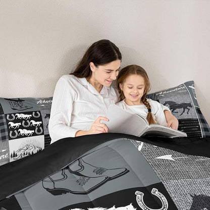Erosebridal Southwestern Comforter Set Queen Size, Kids Boys Western Horse Bedding Set Retro Horseshoe Riding Boots Duvet Insert Rustic Arrow Adventure Themed Down Comforter Cabin Lodge Decor, Grey