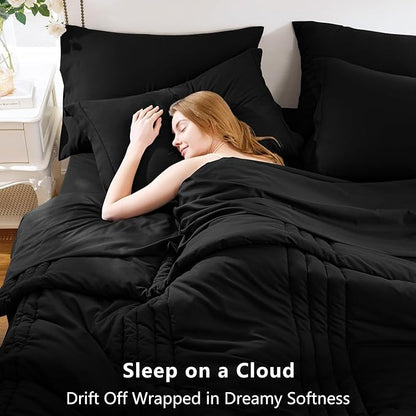 CozyLux Oversized Queen Comforter Set - 7 Pieces Bed in a Bag Black Comforter Set with Sheets All Seasons Bed Set, Soft Bedding Set with Down Alternative Comforter, Sheets, Pillowcases & Shams