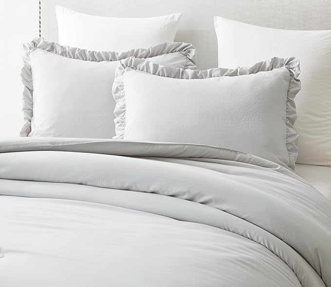 Chezmoi Collection Nora Light Gray Comforter Set Ovesized King 3-Piece Fluffy Soft Stone-Washed Ruffled Shabby Chic Bedding for All Season