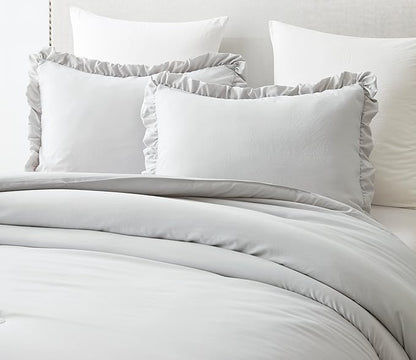 Chezmoi Collection Nora Light Gray Comforter Set Ovesized King 3-Piece Fluffy Soft Stone-Washed Ruffled Shabby Chic Bedding for All Season