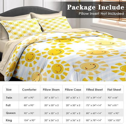 Comforter Set Queen Size, Cute Sunshine Sun 7 Pcs Bedding for Kids and Adults, Beach Summer Happy Bed Sheet Sets with Fitted Sheet 2 Pillowcases & 2 Shams for Bedroom Bed Decor