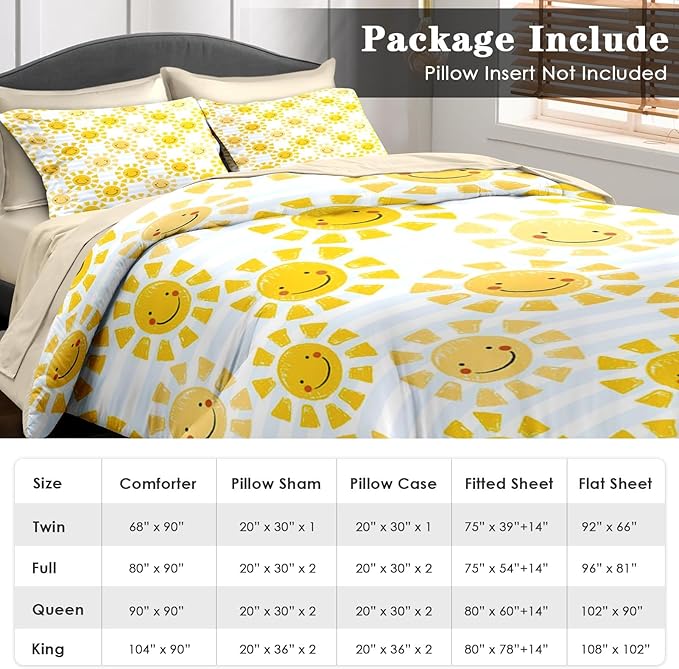 Comforter Set Twin Size, Cute Sunshine Sun 5 Pcs Bedding for Kids and Adults, Beach Summer Happy Bed Sheet Sets with Fitted Sheet Pillowcase & Sham for Bedroom Bed Decor