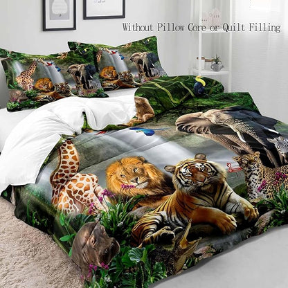 LUVIVIHOME 3PCS Safari Animal Duvet Cover Full Bedding Set, Leopard Lion Tiger Elephant Giraffe Zebra Hippo Monkey Nature Forest Waterfall African Zoo Jungle Animal Comforter Cover, 2 Pillow Cases