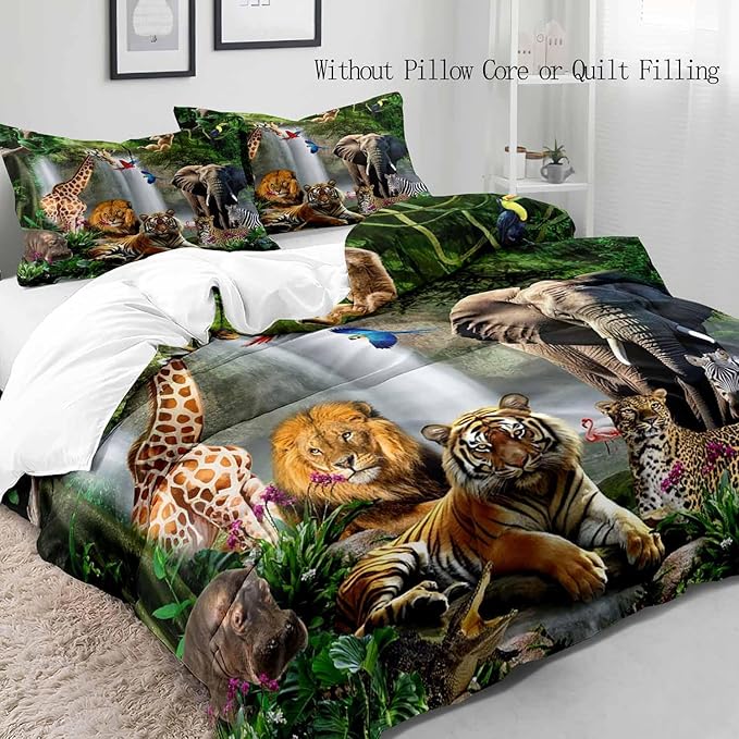 LUVIVIHOME 3PCS Safari Animal Duvet Cover King Bedding Set, Leopard Lion Tiger Elephant Giraffe Zebra Hippo Monkey Nature Forest Waterfall African Zoo Jungle Animal Comforter Cover, 2 Pillow Cases