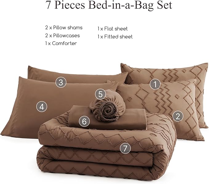 Queen Comforter Set Brown, Tufted Geometric Boho Bedding Farmhouse Bed Set, All Season 7 Pieces Bed in a Bag with Sheets, Pillowcases & Shams