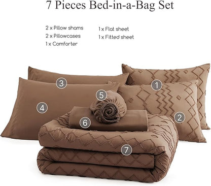 Full Size Comforter Set Brown, Tufted Geometric Boho Bedding Farmhouse Bed Set, All Season 7 Pieces Bed in a Bag with Sheets, Pillowcases & Shams