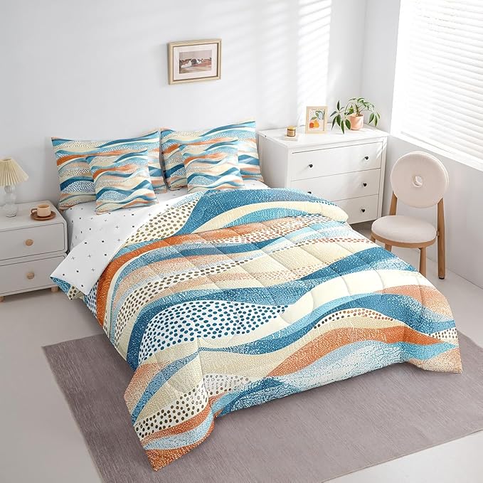 Erosebridal Geometric Wave Bedding Twin Size 7-Piece Blue Beige Orange Comforter Set, Black Polka Dots Bedding Comforter Sets Modern Abstract Art Bed in a Bag, Vintage Minimalist Bedding Accessories