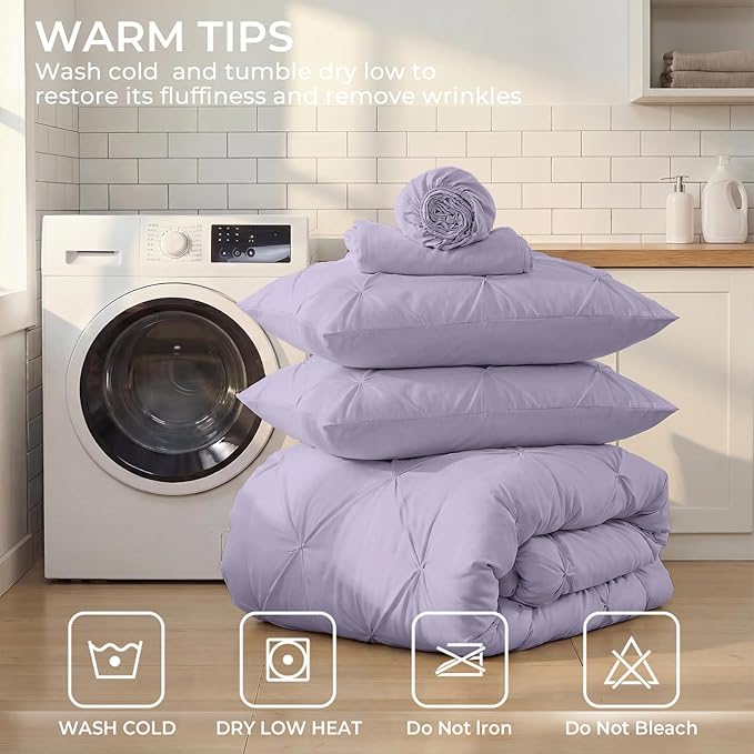 Sasttie Twin Comforter Set, 5-Piece Bed in a Bag, Pintuck Bedding Set for All Season, Includes Comforter, Flat Sheet, Fitted Sheet, Pillowcase and Pillowsham, Lavender