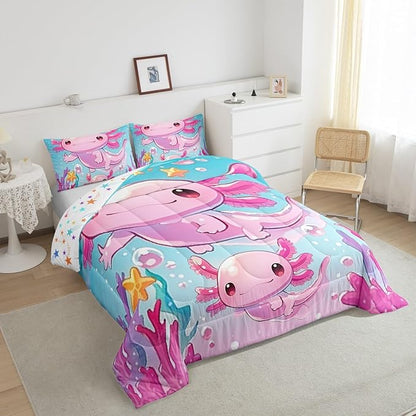 Girls Cute Axolotl Kids Bedding Sets Toddler Size,Pink Ocean Sealife Kawaii Animal Reversible Comforter Set for Bedroom Cartoon Blue Sea Coral Quilt Set Soft Duvet Insert,1 Pillowcase