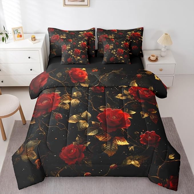 Erosebridal Rose King Comforter Set Rosy Floral 7-Piece Bed in A Bag Gothic Flowers Victorian Garden Romantic Sheets and Pillowcases Gold Red Bed Sets