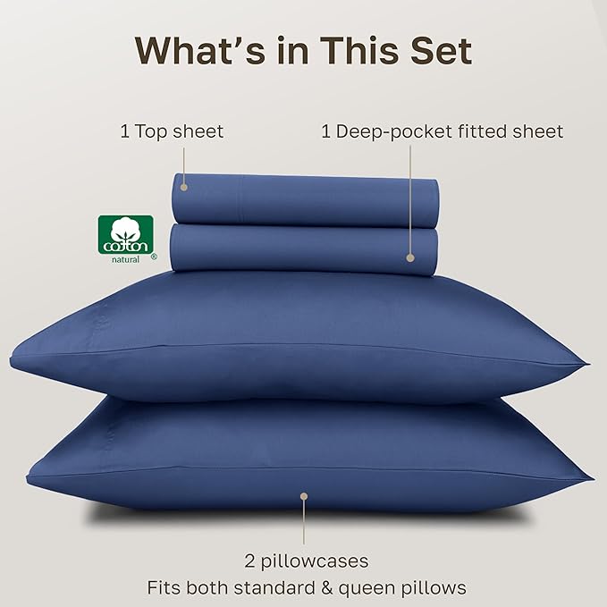 California Design Den Deep Pocket Queen Sheet Set - Certified Authentic 100% Egyptian Cotton Sheets Queen Size Sateen, Deep Pockets, Gripper Elastic, Breathable, Durable Luxury Bedding - Navy Blue