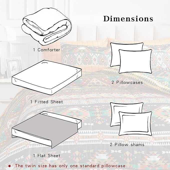 Flysheep 7 Pieces Boho Bed in a Bag Queen Size, Southwestern Bohemian Tribal Striped Printed, Reversible Bed Comforter Set (1 Comforter, 1 Flat Sheet, 1 Fitted Sheet, 2 Pillow Shams, 2 Pillowcases)
