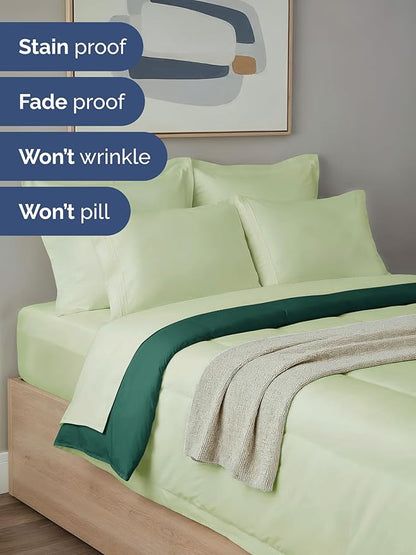 Full Comforter Set - 5 Piece Bed in a Bag Full Size Bed Set - Down Alternative Comforter, Flat Sheet, Fitted Sheet, Pillowcase & Shams for All Seasons - Soft, Comfy & Breathable - Light Sage/Emerald